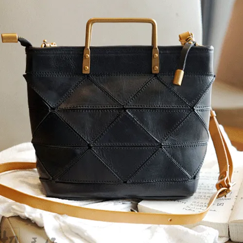 Vintage Womens Leather Black Tote Handbag Purse Quilted Brown Leather Shoulder Bag Tote