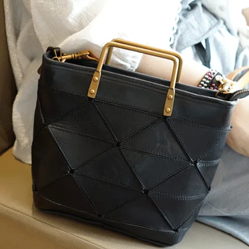 Vintage Womens Leather Black Tote Handbag Purse Quilted Brown Leather Shoulder Bag Tote