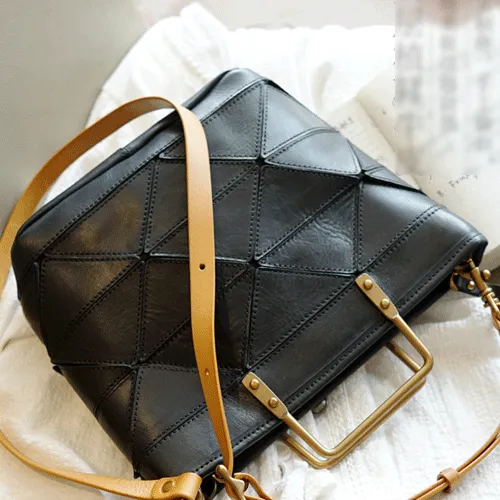 Vintage Womens Leather Black Tote Handbag Purse Quilted Brown Leather Shoulder Bag Tote