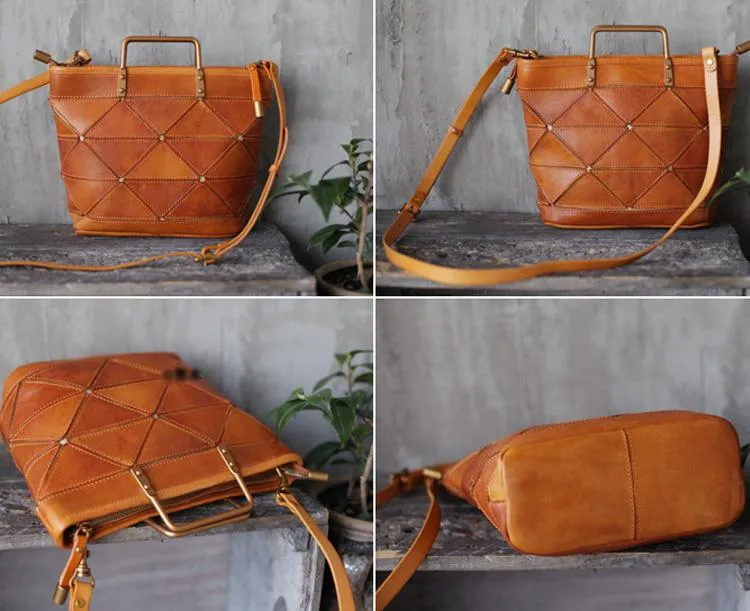 Vintage Womens Leather Black Tote Handbag Purse Quilted Brown Leather Shoulder Bag Tote