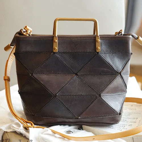 Vintage Womens Leather Black Tote Handbag Purse Quilted Brown Leather Shoulder Bag Tote