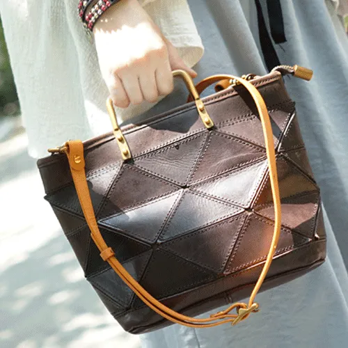 Vintage Womens Leather Black Tote Handbag Purse Quilted Brown Leather Shoulder Bag Tote