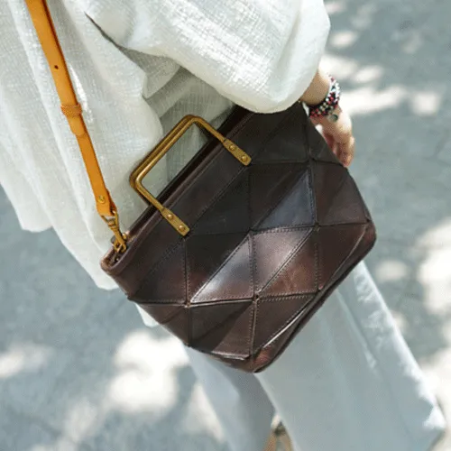 Vintage Womens Leather Black Tote Handbag Purse Quilted Brown Leather Shoulder Bag Tote