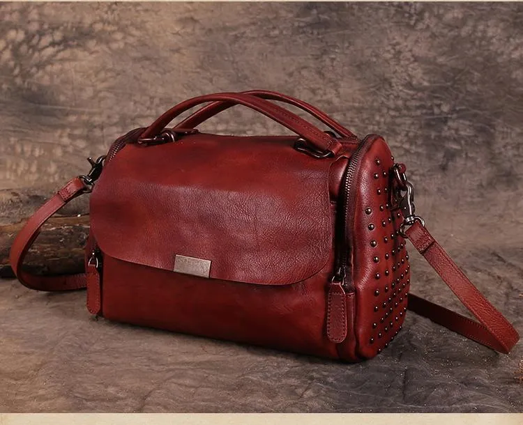 Vintage Womens Leather Handbags Red Side Bag Brown SHoulder Bag Purse for Ladies