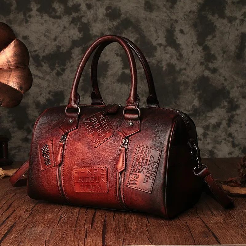 Vintage Womens Red Leather Boston Handbags Boston Shoulder Handbag Crossbody Bags