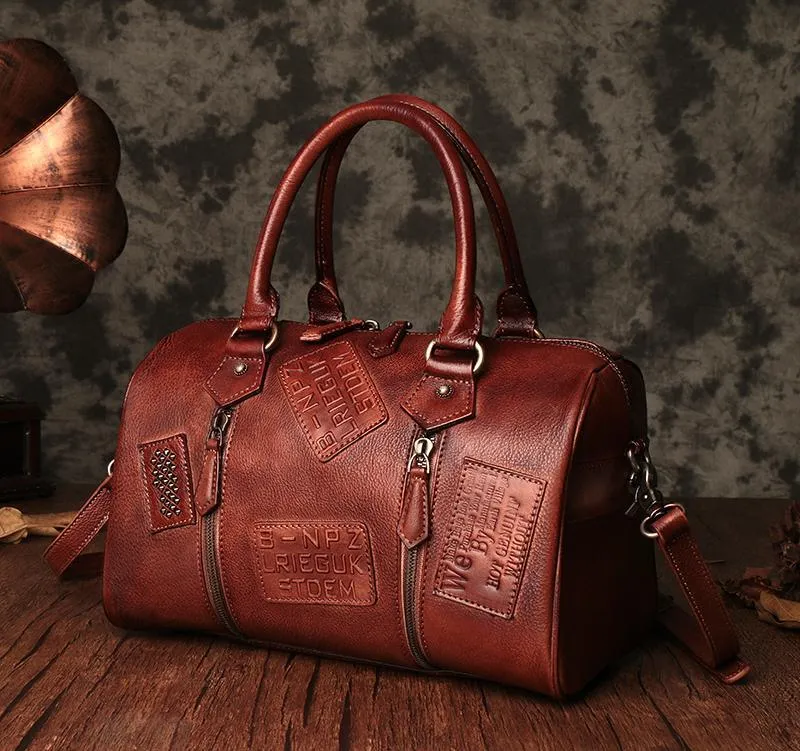 Vintage Womens Red Leather Boston Handbags Boston Shoulder Handbag Crossbody Bags