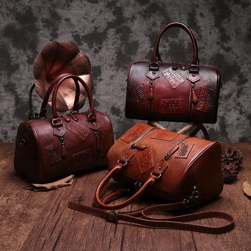Vintage Womens Red Leather Boston Handbags Boston Shoulder Handbag Crossbody Bags