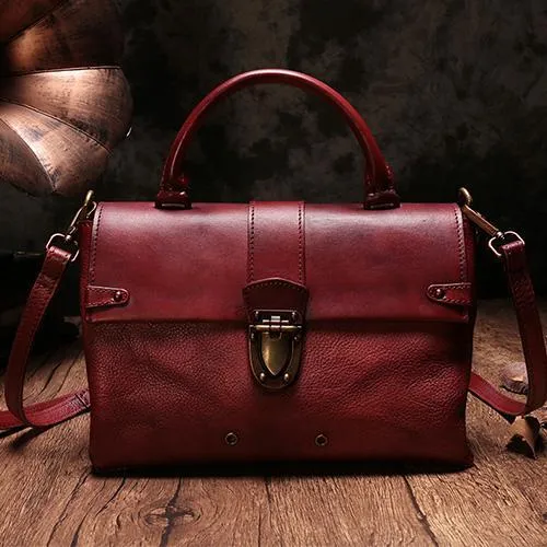 Vintage Womens Red Leather Satchel Handbags Purse Shoulder Crossbody Bags for Ladies
