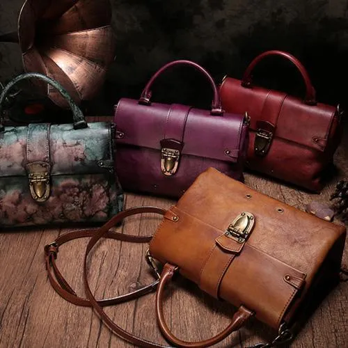 Vintage Womens Red Leather Satchel Handbags Purse Shoulder Crossbody Bags for Ladies
