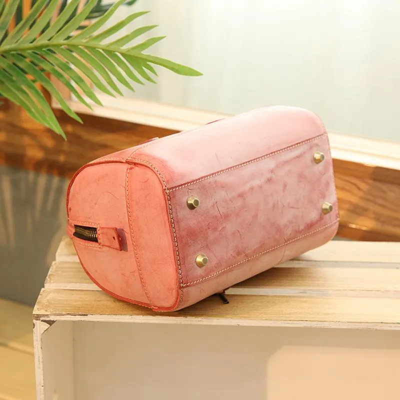 Vintage Womens Waxed Leather Boston Handbags Purse Small Side Boston Bag Purse for Women