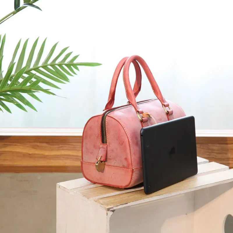Vintage Womens Waxed Leather Boston Handbags Purse Small Side Boston Bag Purse for Women