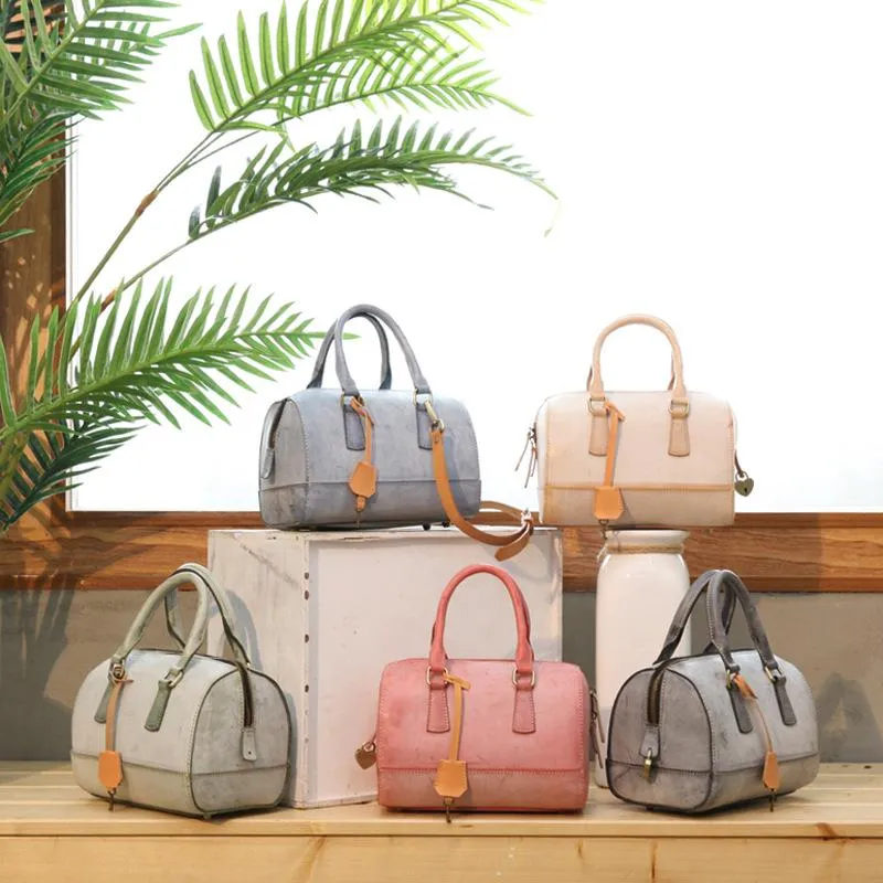 Vintage Womens Waxed Leather Boston Handbags Purse Small Side Boston Bag Purse for Women