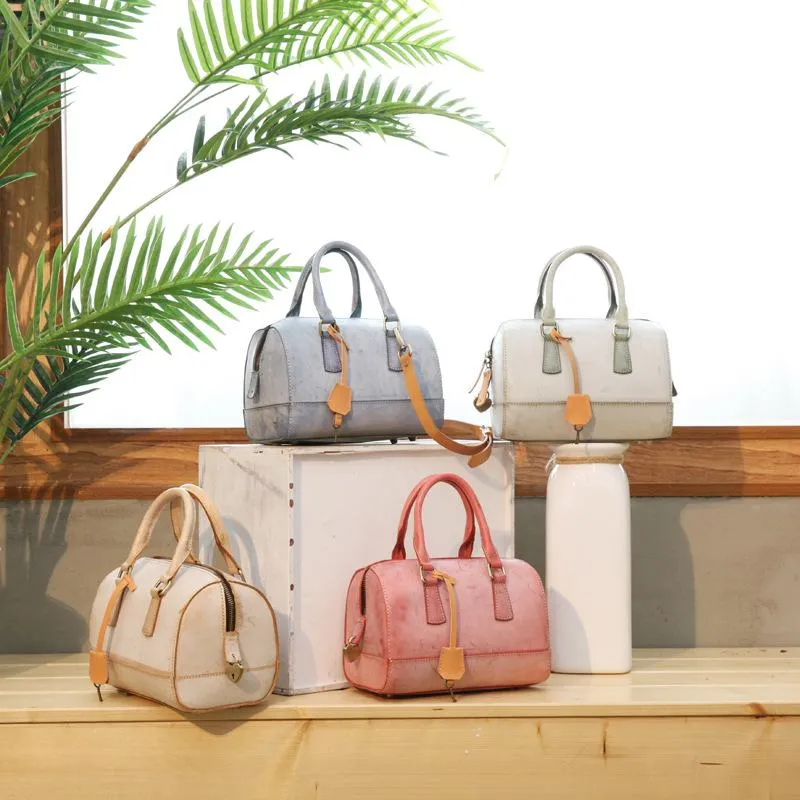 Vintage Womens Waxed Leather Boston Handbags Purse Small Side Boston Bag Purse for Women