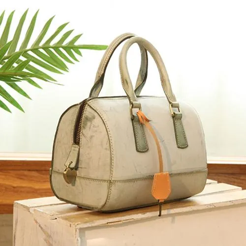 Vintage Womens Waxed Leather Boston Handbags Purse Small Side Boston Bag Purse for Women