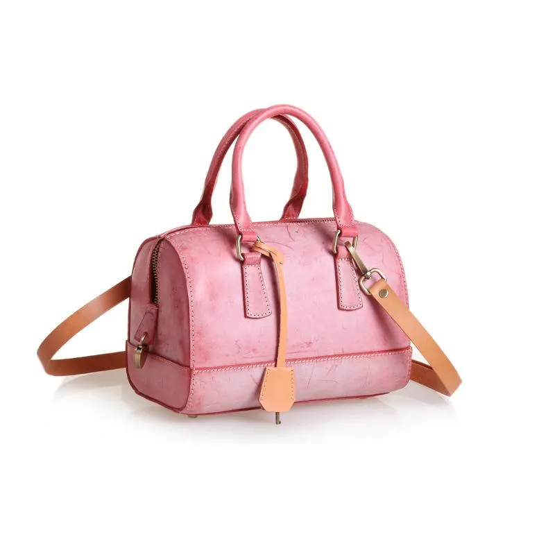 Vintage Womens Waxed Leather Boston Handbags Purse Small Side Boston Bag Purse for Women