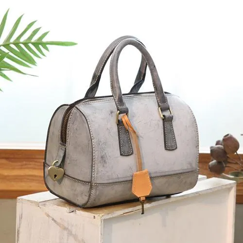 Vintage Womens Waxed Leather Green Boston Handbags Purse Small Green Side Boston Bag Purse for Women