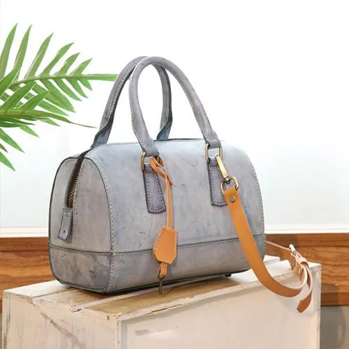 Vintage Womens Waxed Leather Green Boston Handbags Purse Small Green Side Boston Bag Purse for Women