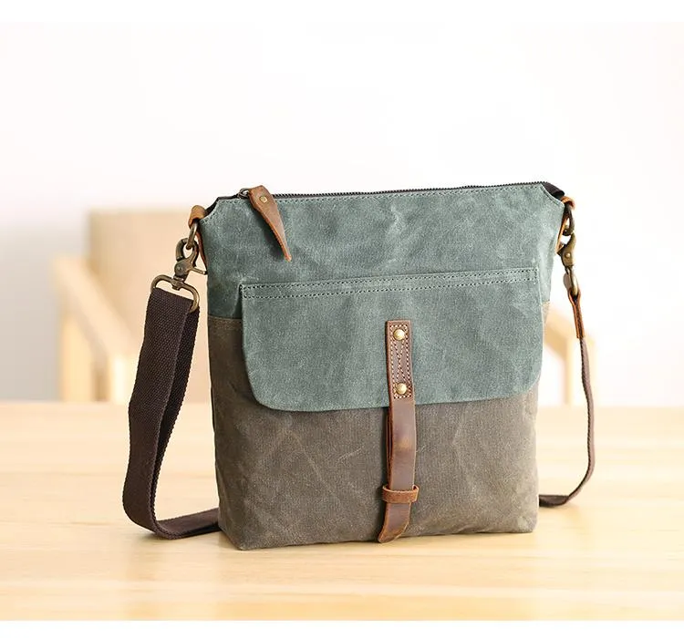 Wax Canvas Leather Mens Small Waterproof Vertical Green Side Bag Courier Bag Messenger Bag for Men