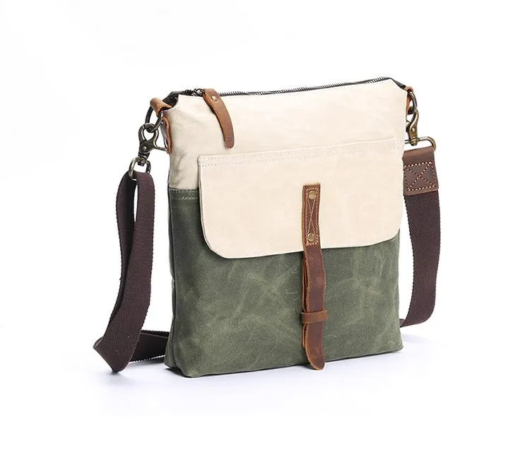 Wax Canvas Leather Mens Small Waterproof Vertical Green Side Bag Courier Bag Messenger Bag for Men