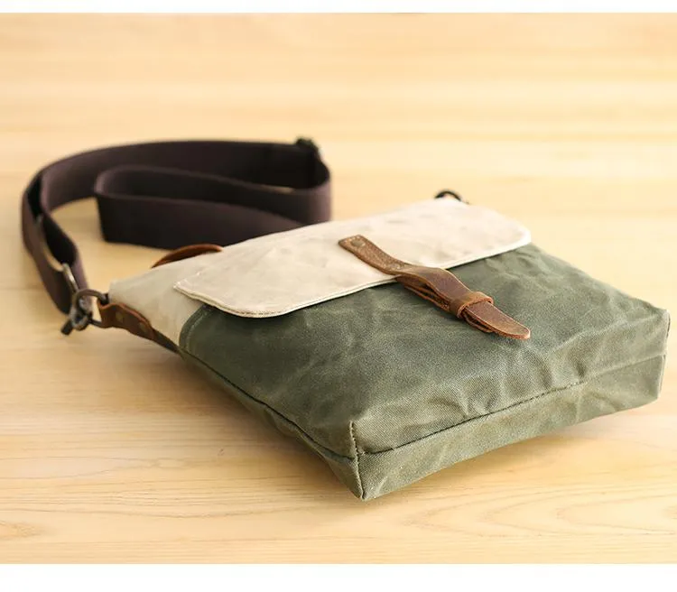 Wax Canvas Leather Mens Small Waterproof Vertical Green Side Bag Courier Bag Messenger Bag for Men