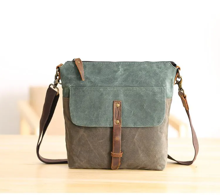 Wax Canvas Leather Mens Small Waterproof Vertical Green Side Bag Courier Bag Messenger Bag for Men