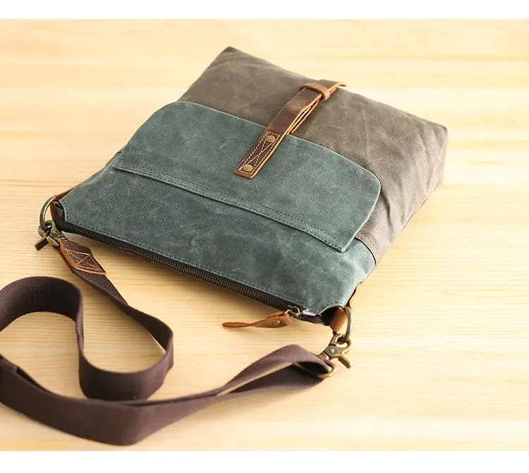 Wax Canvas Leather Mens Small Waterproof Vertical Green Side Bag Courier Bag Messenger Bag for Men