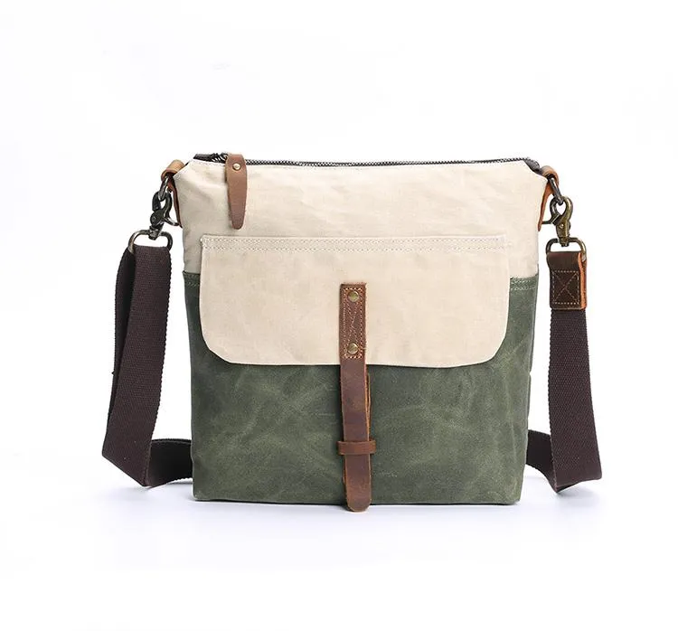 Wax Canvas Leather Mens Small Waterproof Vertical Green Side Bag Courier Bag Messenger Bag for Men