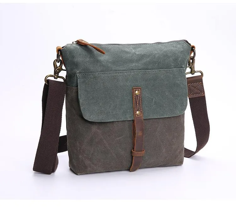 Wax Canvas Leather Mens Small Waterproof Vertical Green Side Bag Courier Bag Messenger Bag for Men