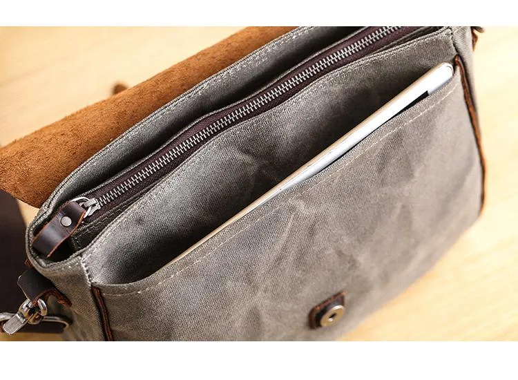 Waxed Canvas Leather Mens 10'' Khaki Side Bag Shoulder Bag Messenger Bag for Men