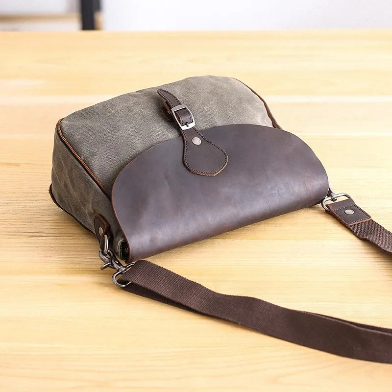 Waxed Canvas Leather Mens 10'' Khaki Side Bag Shoulder Bag Messenger Bag for Men