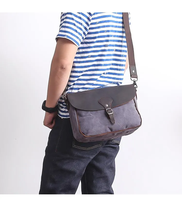 Waxed Canvas Leather Mens 10'' Khaki Side Bag Shoulder Bag Messenger Bag for Men