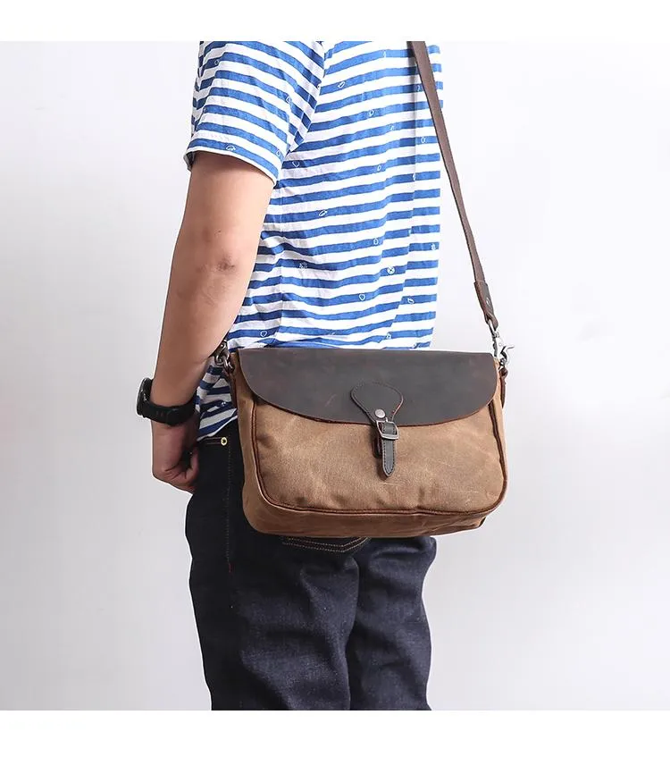 Waxed Canvas Leather Mens 10'' Khaki Side Bag Shoulder Bag Messenger Bag for Men