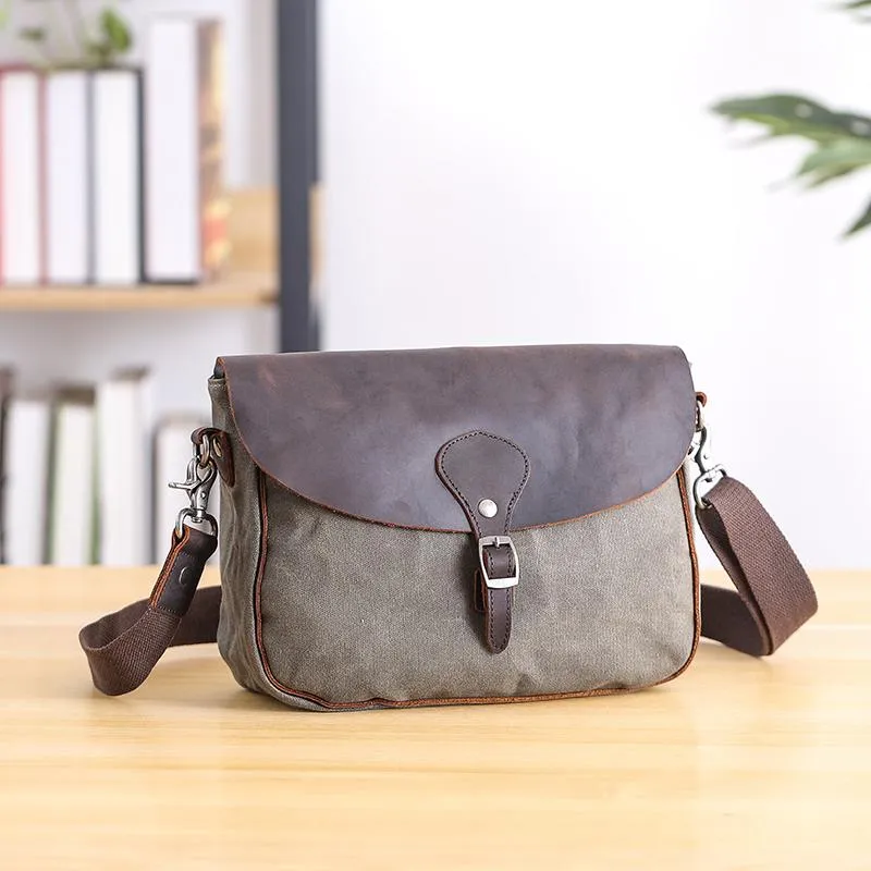 Waxed Canvas Leather Mens 10'' Khaki Side Bag Shoulder Bag Messenger Bag for Men