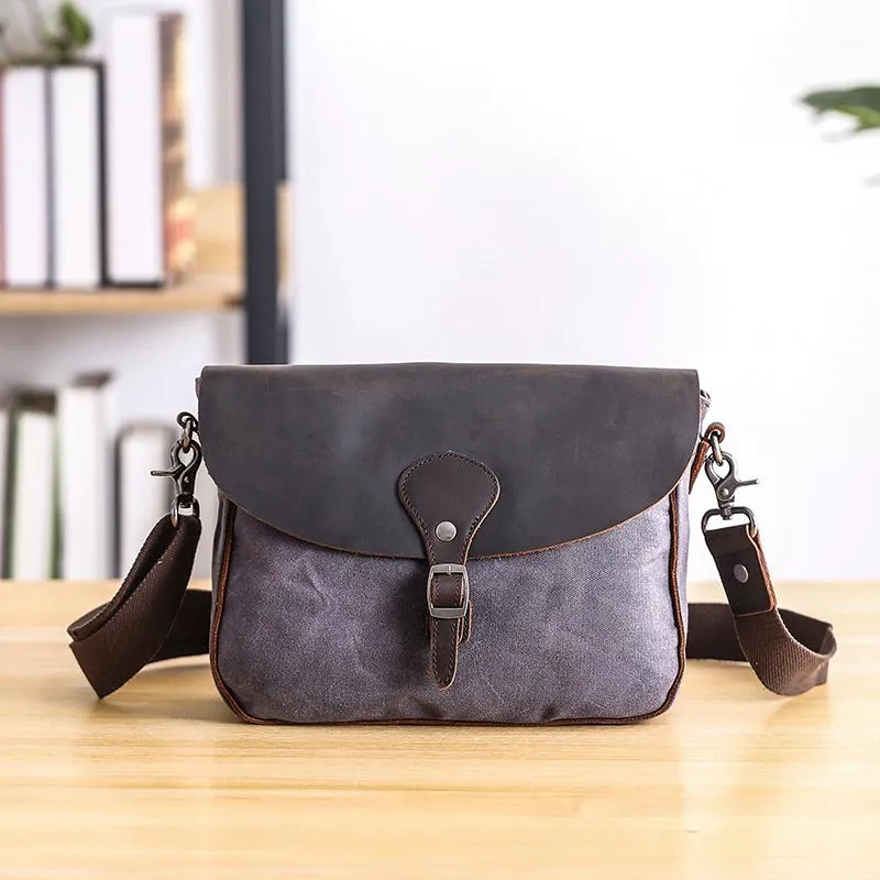 Waxed Canvas Leather Mens 10'' Khaki Side Bag Shoulder Bag Messenger Bag for Men
