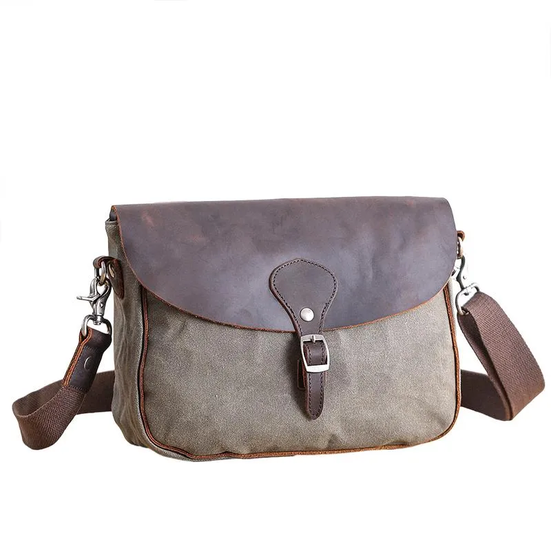 Waxed Canvas Leather Mens 10'' Khaki Side Bag Shoulder Bag Messenger Bag for Men