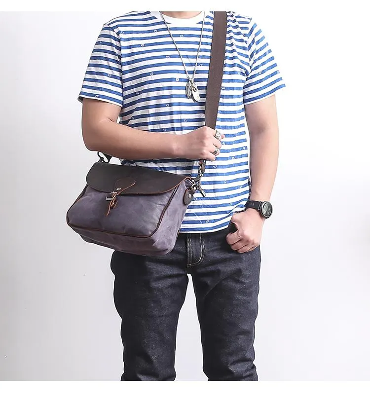 Waxed Canvas Leather Mens 10'' Khaki Side Bag Shoulder Bag Messenger Bag for Men