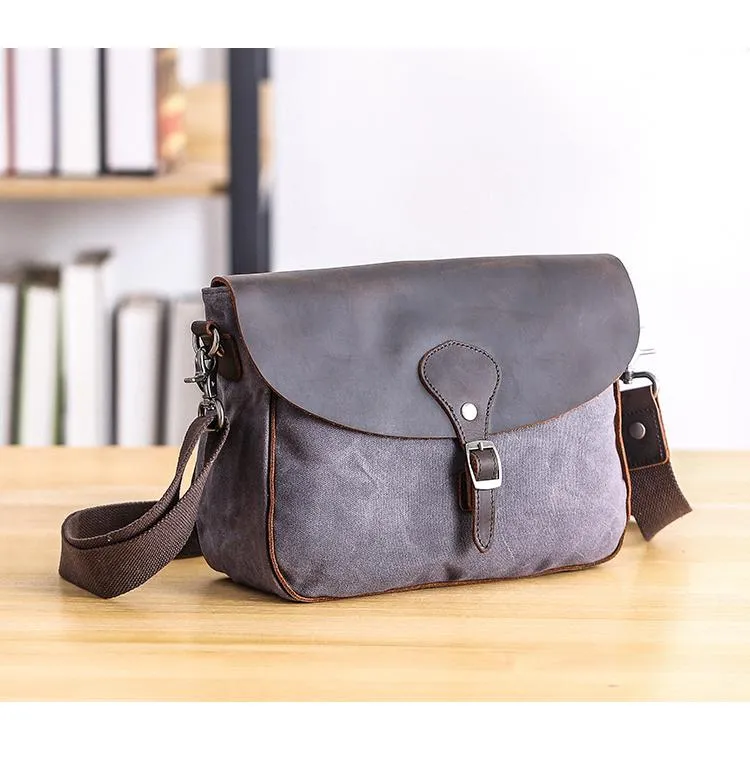 Waxed Canvas Leather Mens 10'' Khaki Side Bag Shoulder Bag Messenger Bag for Men