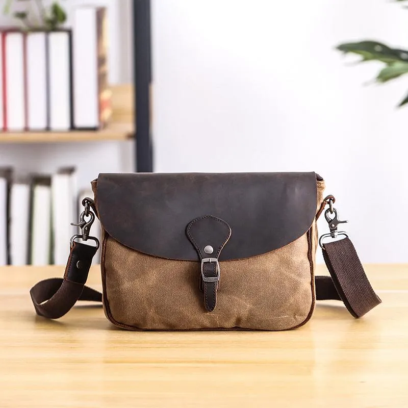 Waxed Canvas Leather Mens 10'' Khaki Side Bag Shoulder Bag Messenger Bag for Men