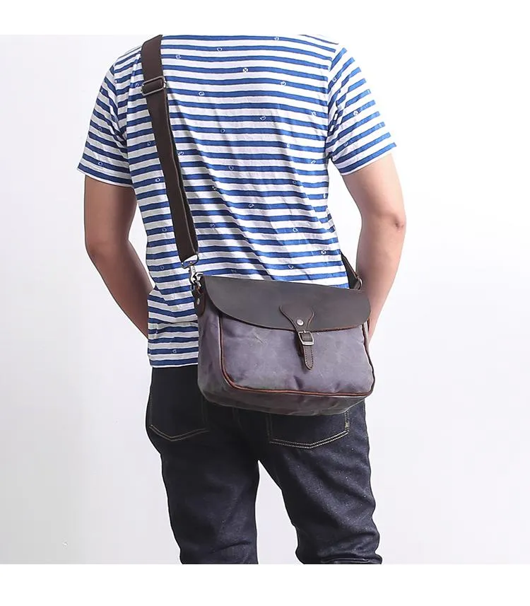 Waxed Canvas Leather Mens 10'' Khaki Side Bag Shoulder Bag Messenger Bag for Men