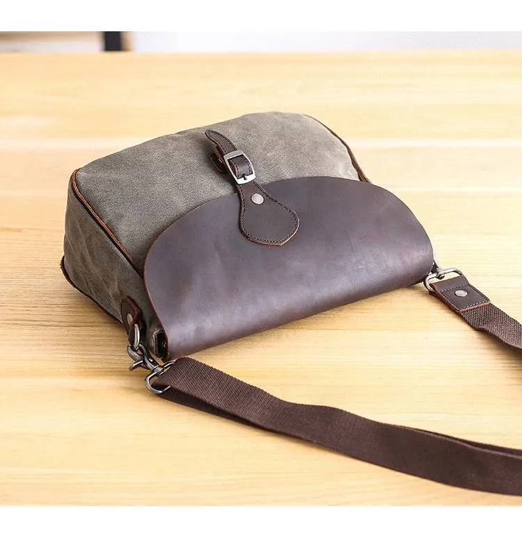 Waxed Canvas Leather Mens 10'' Khaki Side Bag Shoulder Bag Messenger Bag for Men