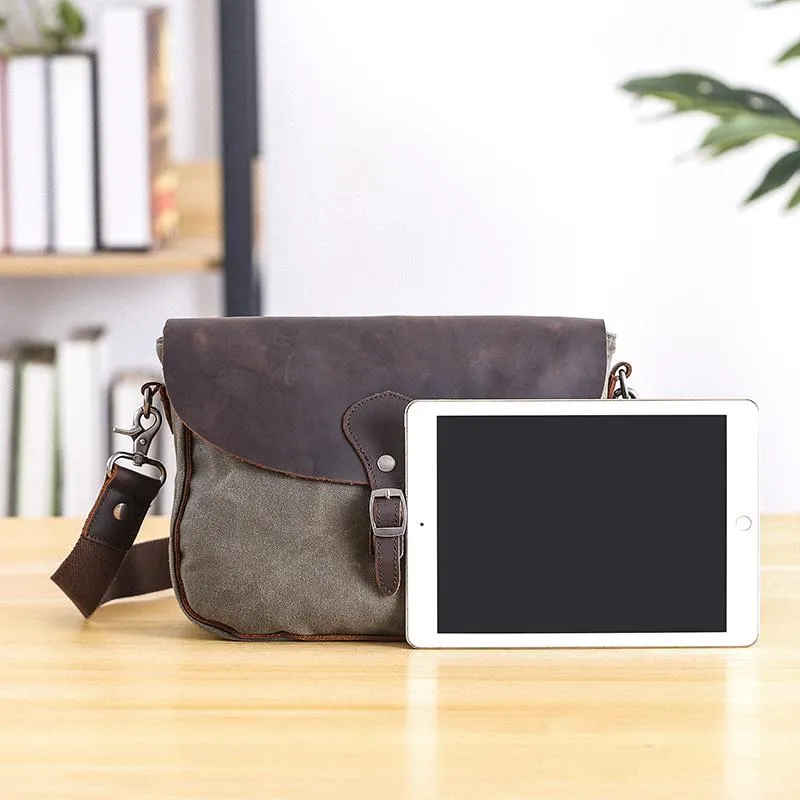 Waxed Canvas Leather Mens 10'' Khaki Side Bag Shoulder Bag Messenger Bag for Men