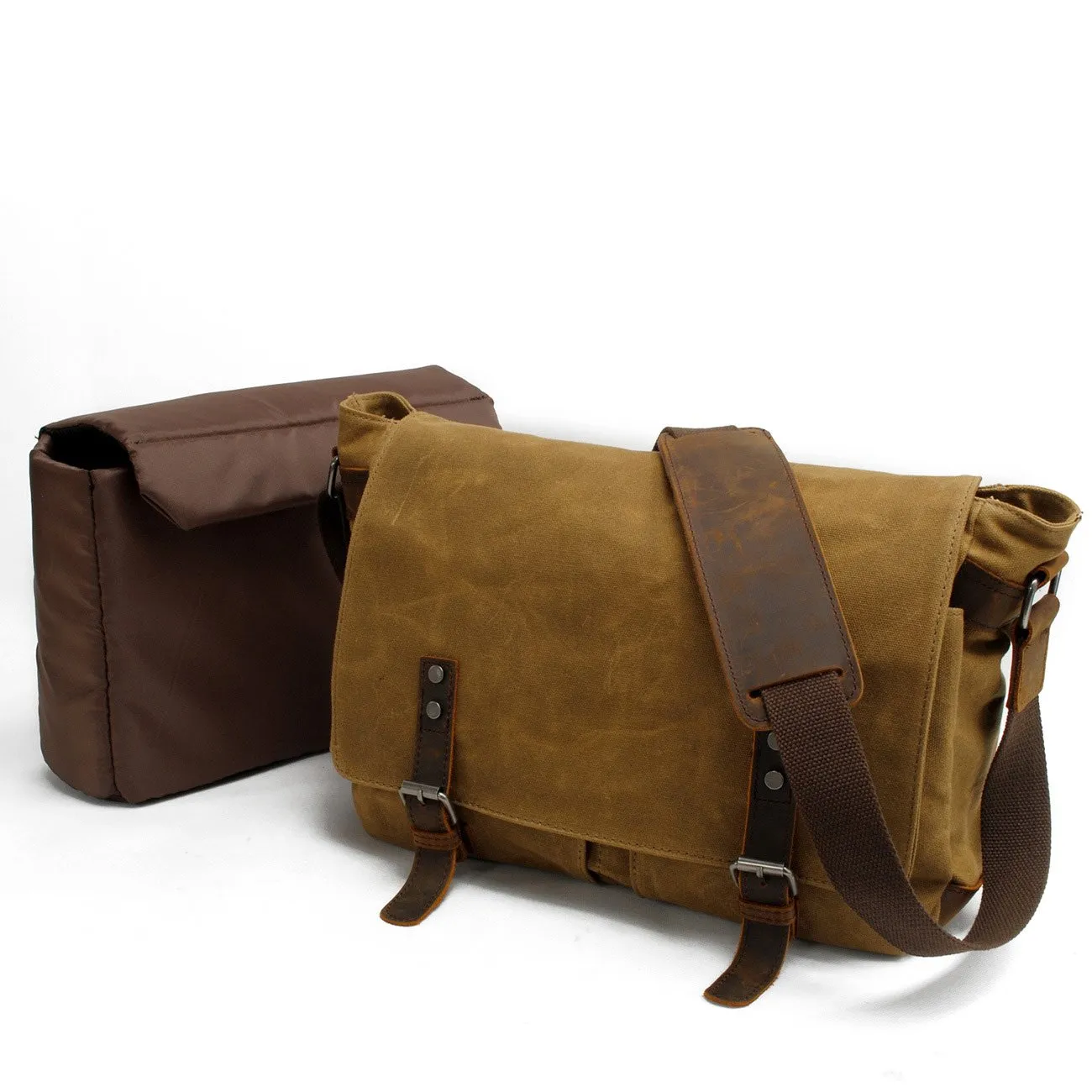 Waxed Canvas Leather Mens Black Waterproof 14'' Camera Bag Gray Side Bag Messenger Bag Shoulder Bag For Men