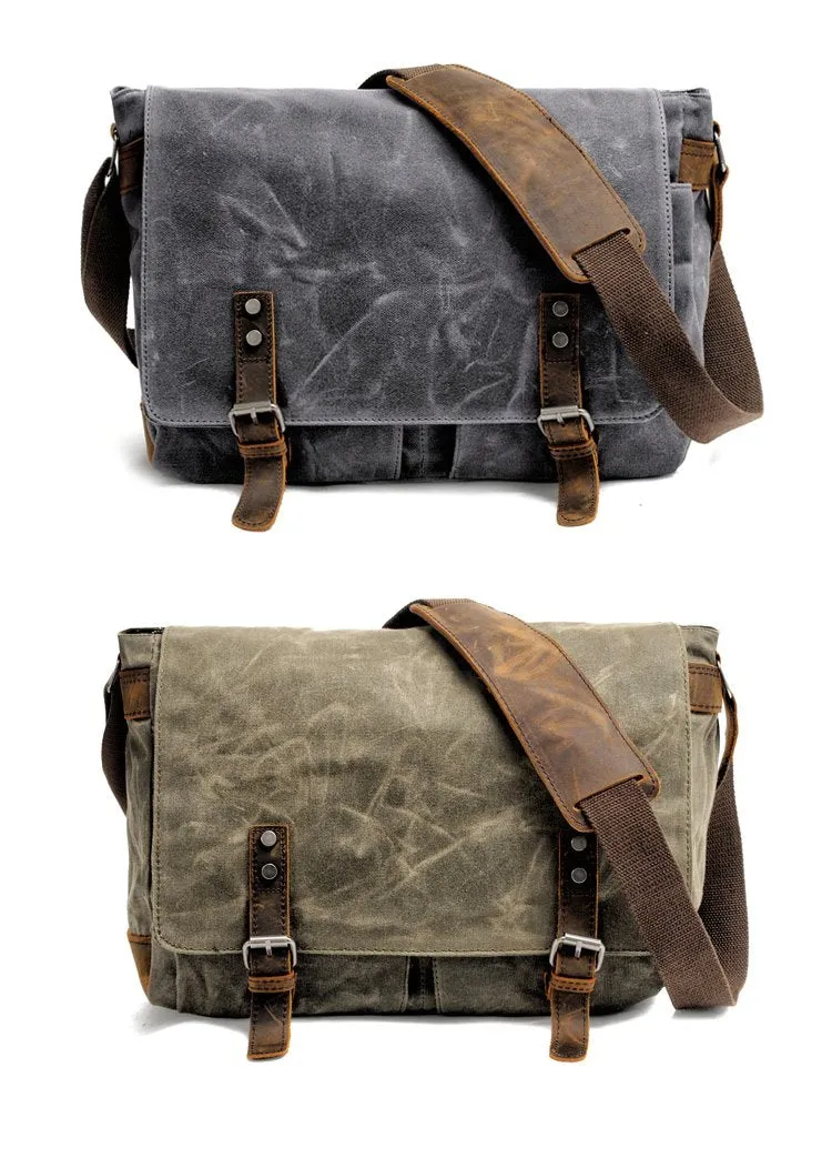 Waxed Canvas Leather Mens Black Waterproof 14'' Camera Bag Gray Side Bag Messenger Bag Shoulder Bag For Men