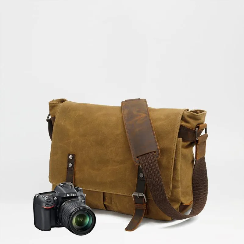 Waxed Canvas Leather Mens Black Waterproof 14'' Camera Bag Gray Side Bag Messenger Bag Shoulder Bag For Men