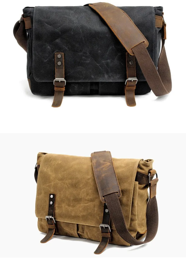 Waxed Canvas Leather Mens Black Waterproof 14'' Camera Bag Gray Side Bag Messenger Bag Shoulder Bag For Men