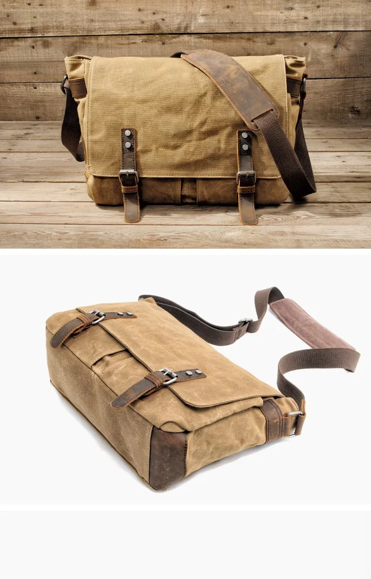 Waxed Canvas Leather Mens Black Waterproof 14'' Camera Bag Gray Side Bag Messenger Bag Shoulder Bag For Men