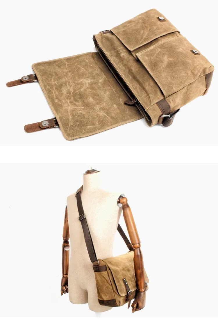 Waxed Canvas Leather Mens Black Waterproof 14'' Camera Bag Gray Side Bag Messenger Bag Shoulder Bag For Men