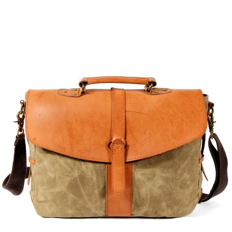 Waxed Canvas Leather Mens Casual 14'' Messenger Bag Side Bag Computer Bag For Men