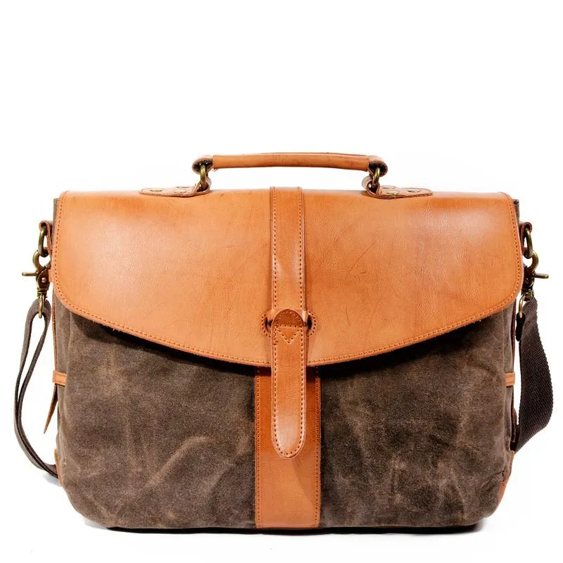 Waxed Canvas Leather Mens Casual 14'' Messenger Bag Side Bag Computer Bag For Men