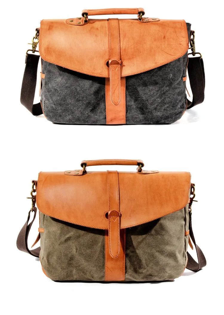 Waxed Canvas Leather Mens Casual 14'' Messenger Bag Side Bag Computer Bag For Men